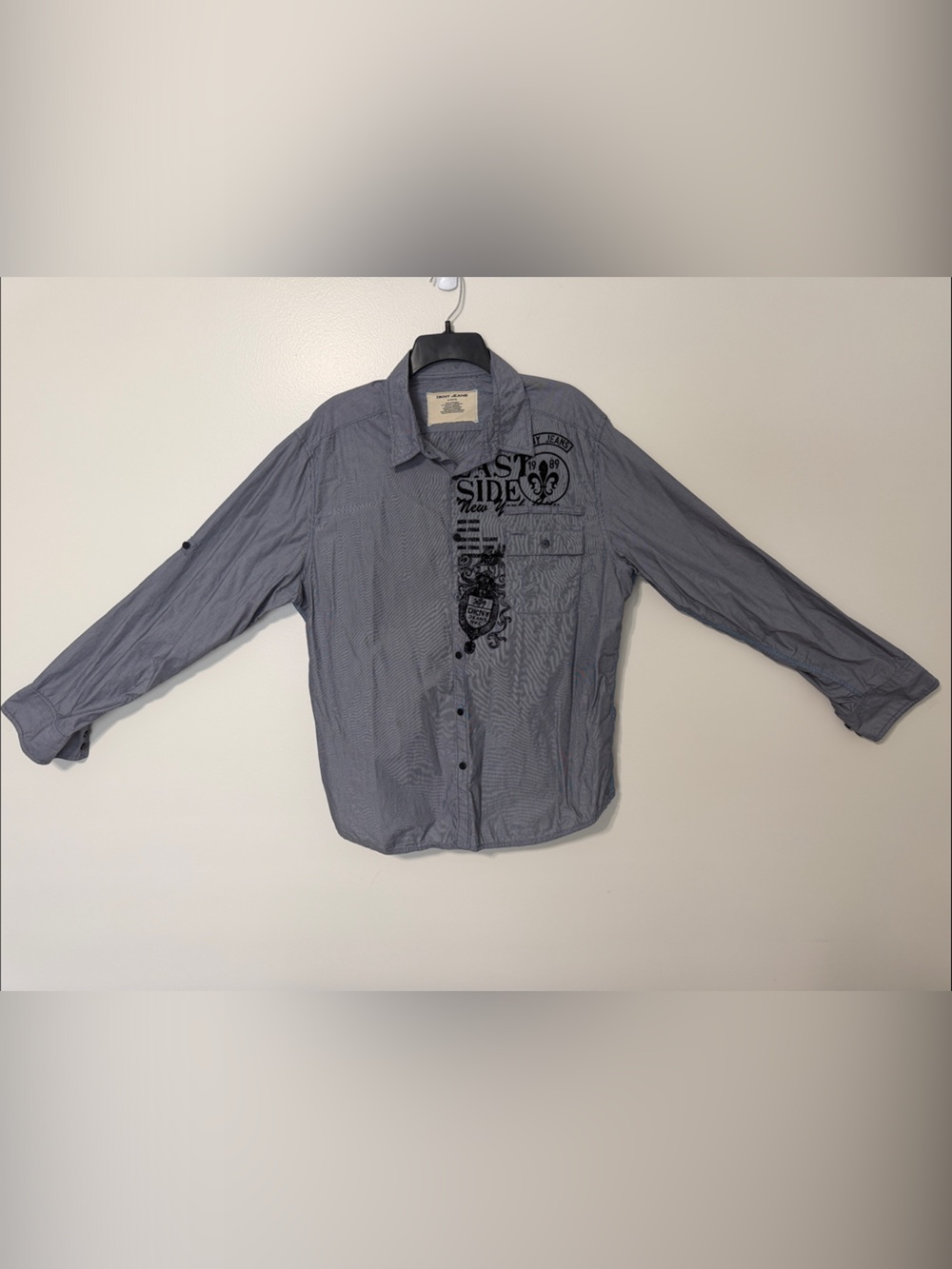 Donna Karan Men's Blue Gray Long-Sleeve Button-Down with Chest Graphic